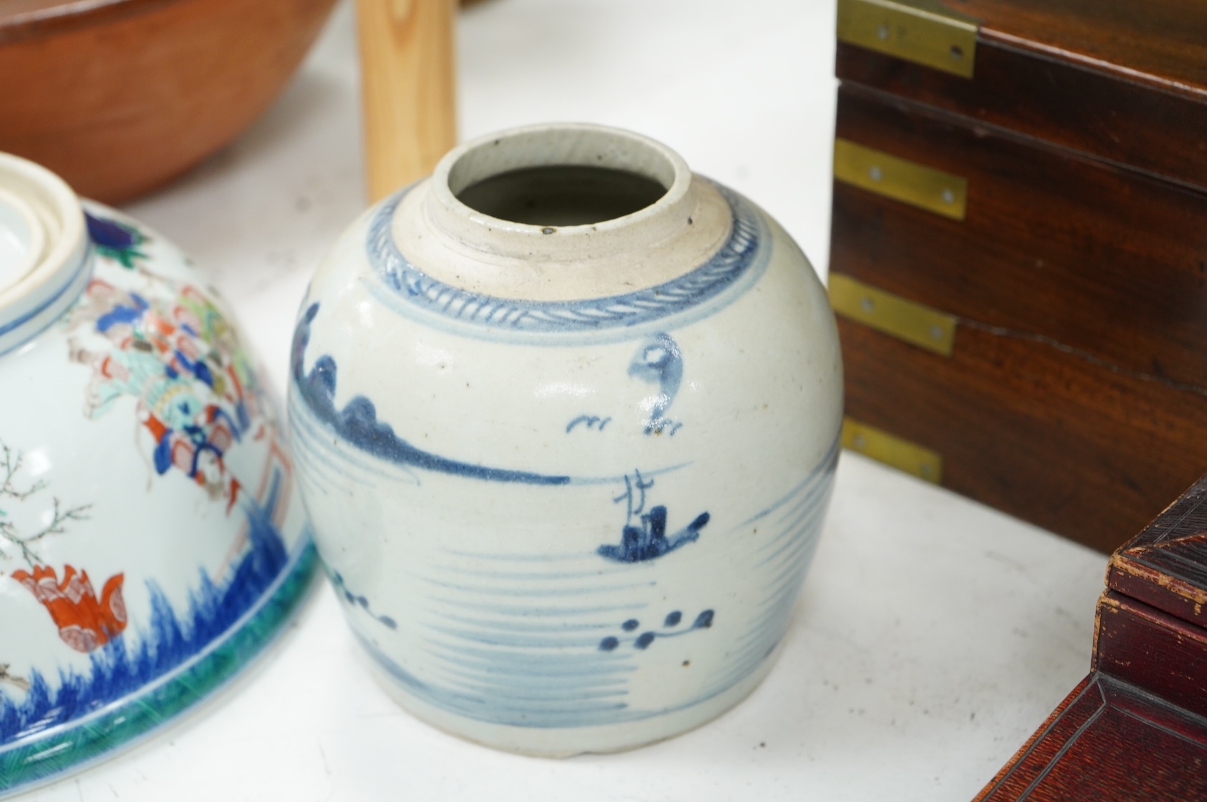 A Chinese famille verte ‘warriors’ bowl and a blue and white ginger jar, bowl 29.5cm diameter